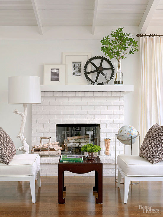 fireplace, after, brick painted white