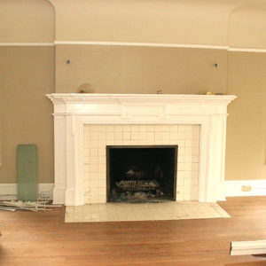 fireplace, before, dated tile and mantel